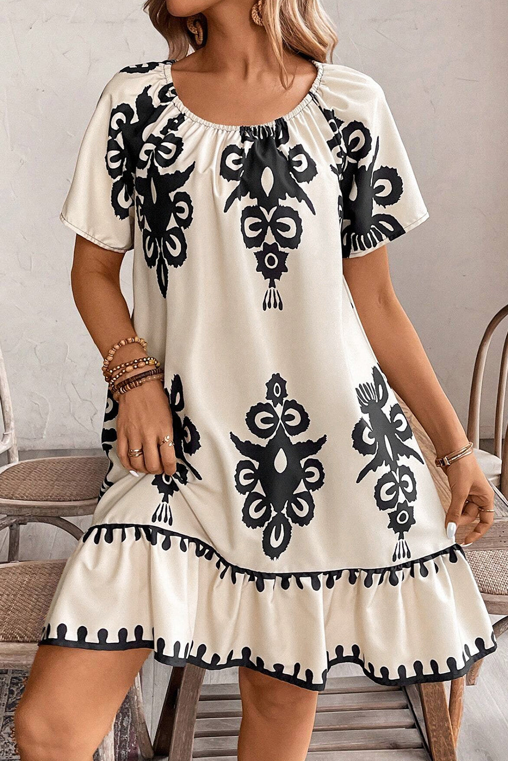 Apricot Ethnic Print Ruffle Hem Loose Mini Dress 7008bab4467db6ea
