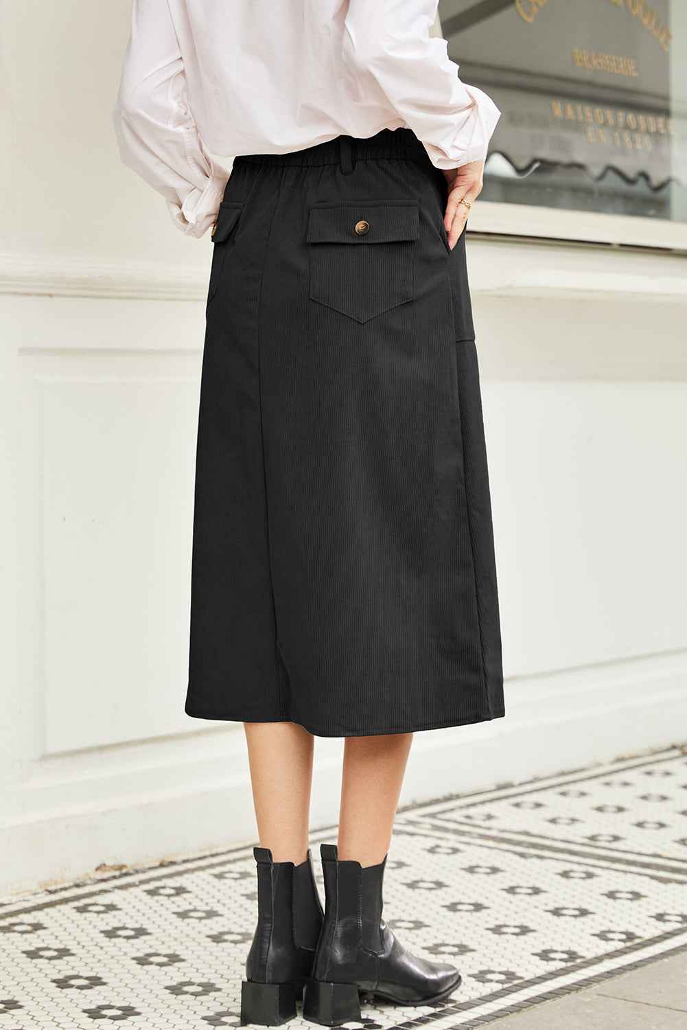 Black Front Slit Shift High Waist Midi Skirt 70117fc700d3431a