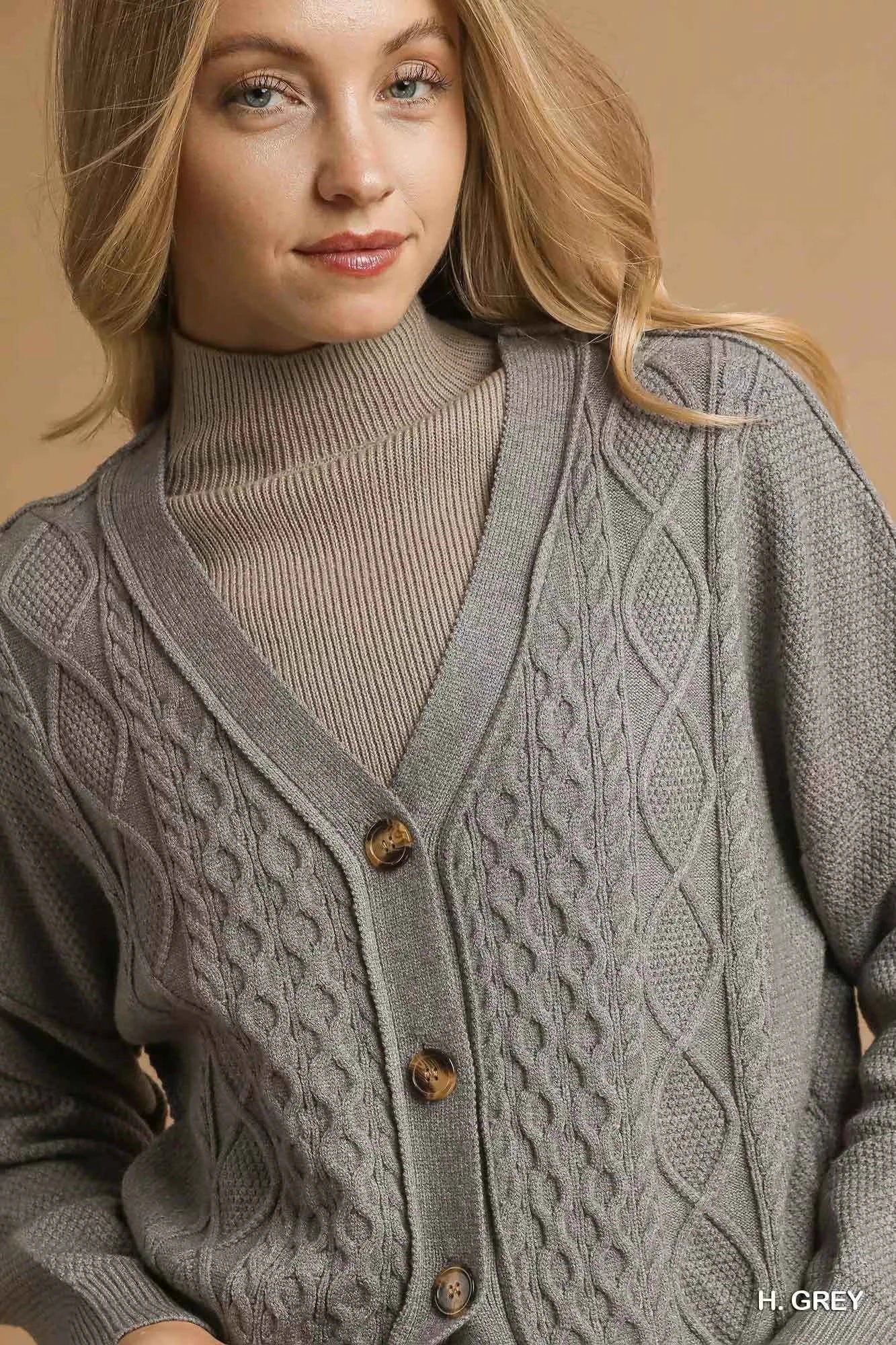 Umgee Chunky Cable Knit V-Neck Button-Up Cardigan 7011f12e-9f0c-42c0-b6c0-1ba8cd99084e-Max-Origin