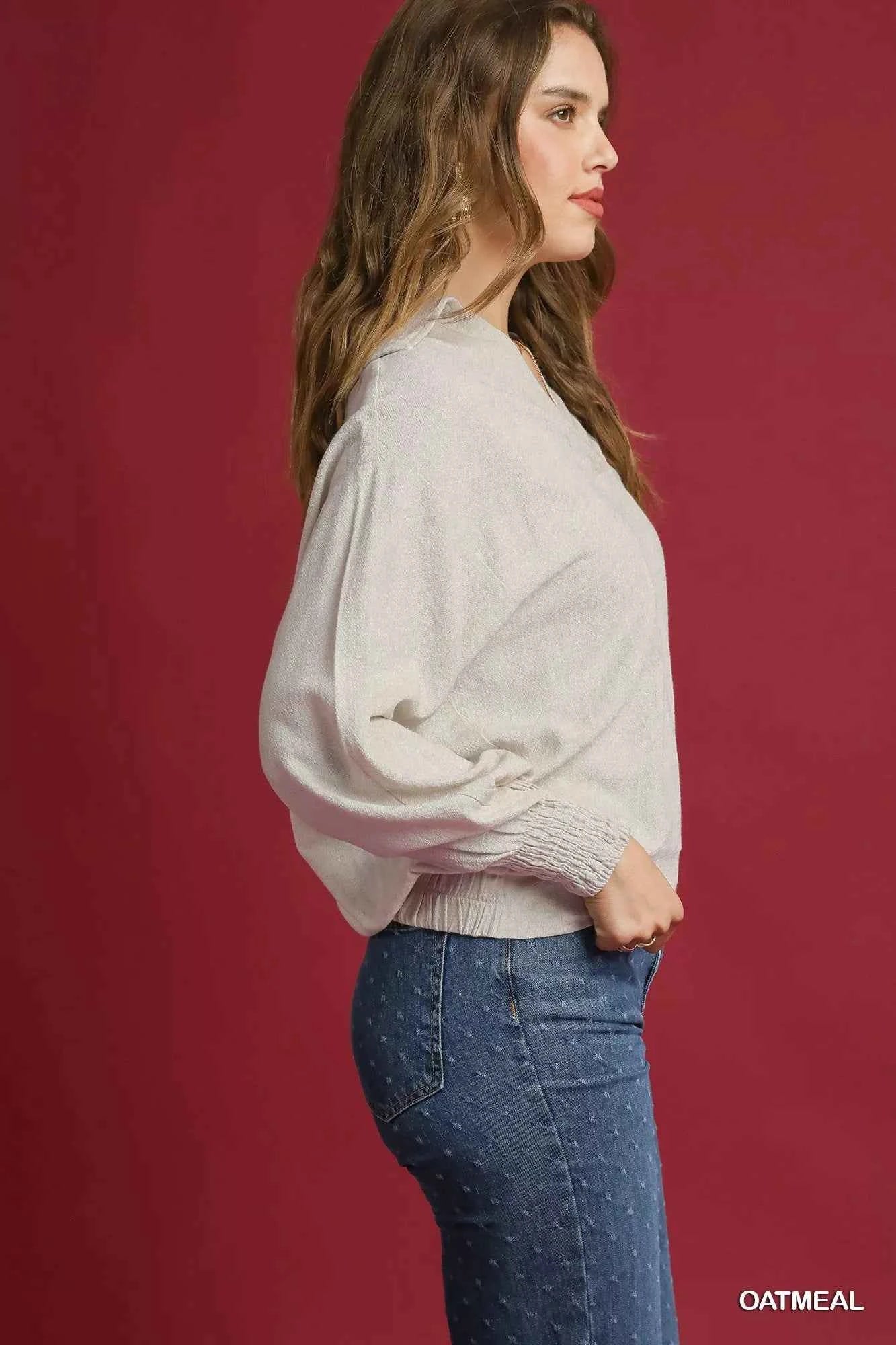 Umgee Linen Long Sleeves Elastic Hem Blouse 7013c92c-3d3c-40f1-9dd9-f597fbbba606-Max-Origin