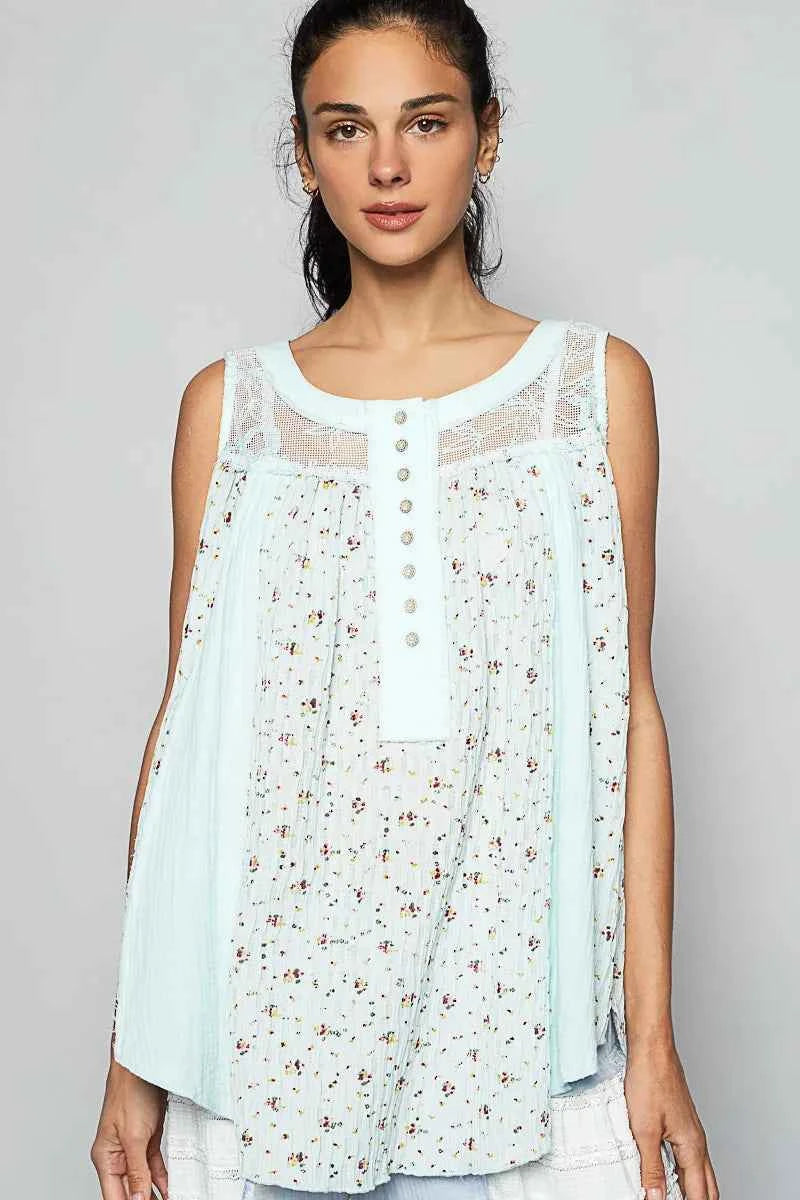 POL Floral Print Button-Front Lace Patchwork Tank Top Mint Blue 70149c6b-33ad-461b-afea-b333b73e35df-Max-Origin