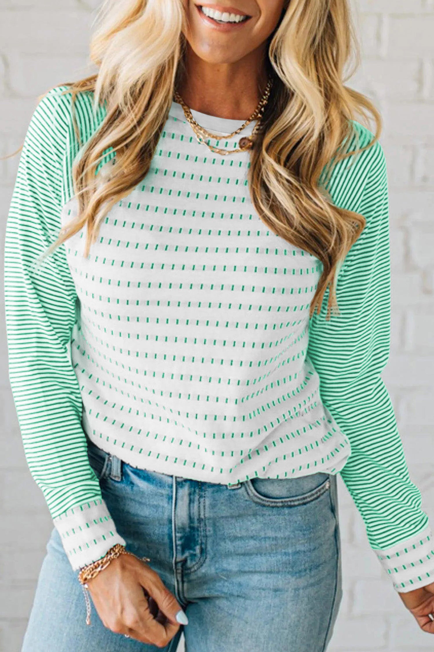 Rose Stripe Raglan Patchwork Long Sleeve Tee Green Stripe 95%Polyester+5%Elastane 7023dd7d2e3deedd