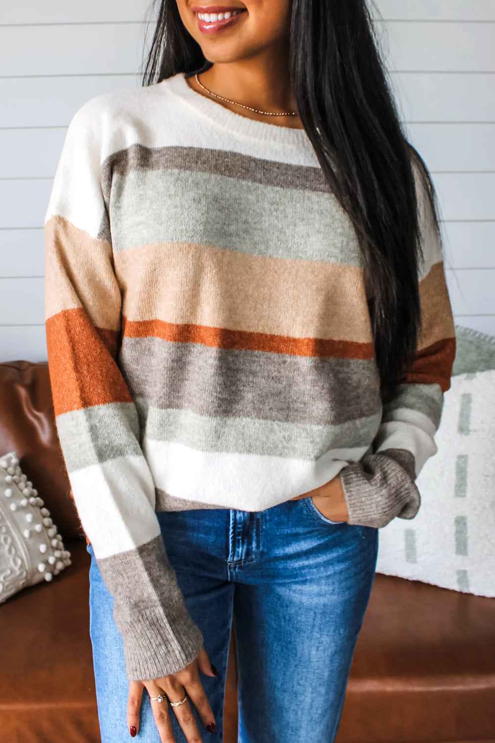 White Colorblock Striped Round Neck Drop Sleeve Sweater White 702bd35e9a46ce74