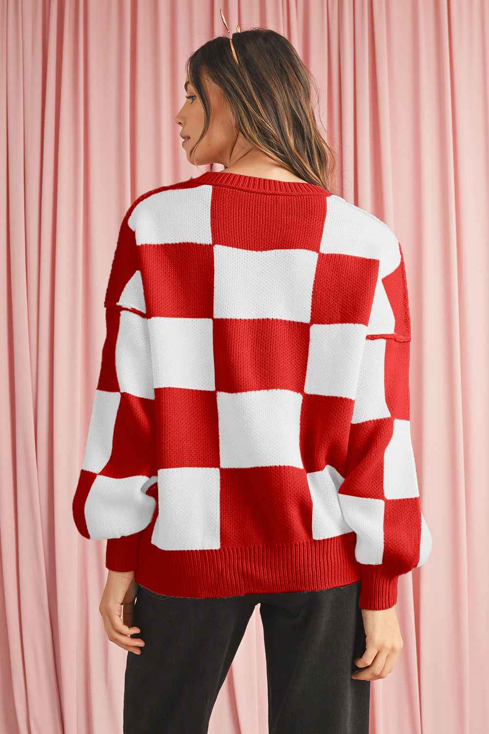 Fiery Red Plaid Bishop Sleeve Pullover Sweater 702f9749f48d9d91