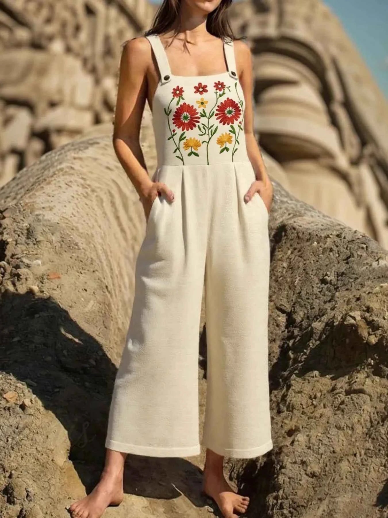 Floral Embroidered Wide Leg Jumpsuit Tan 70335f90-5882-434e-a4e8-77fd5d906dbc-Max-Origin