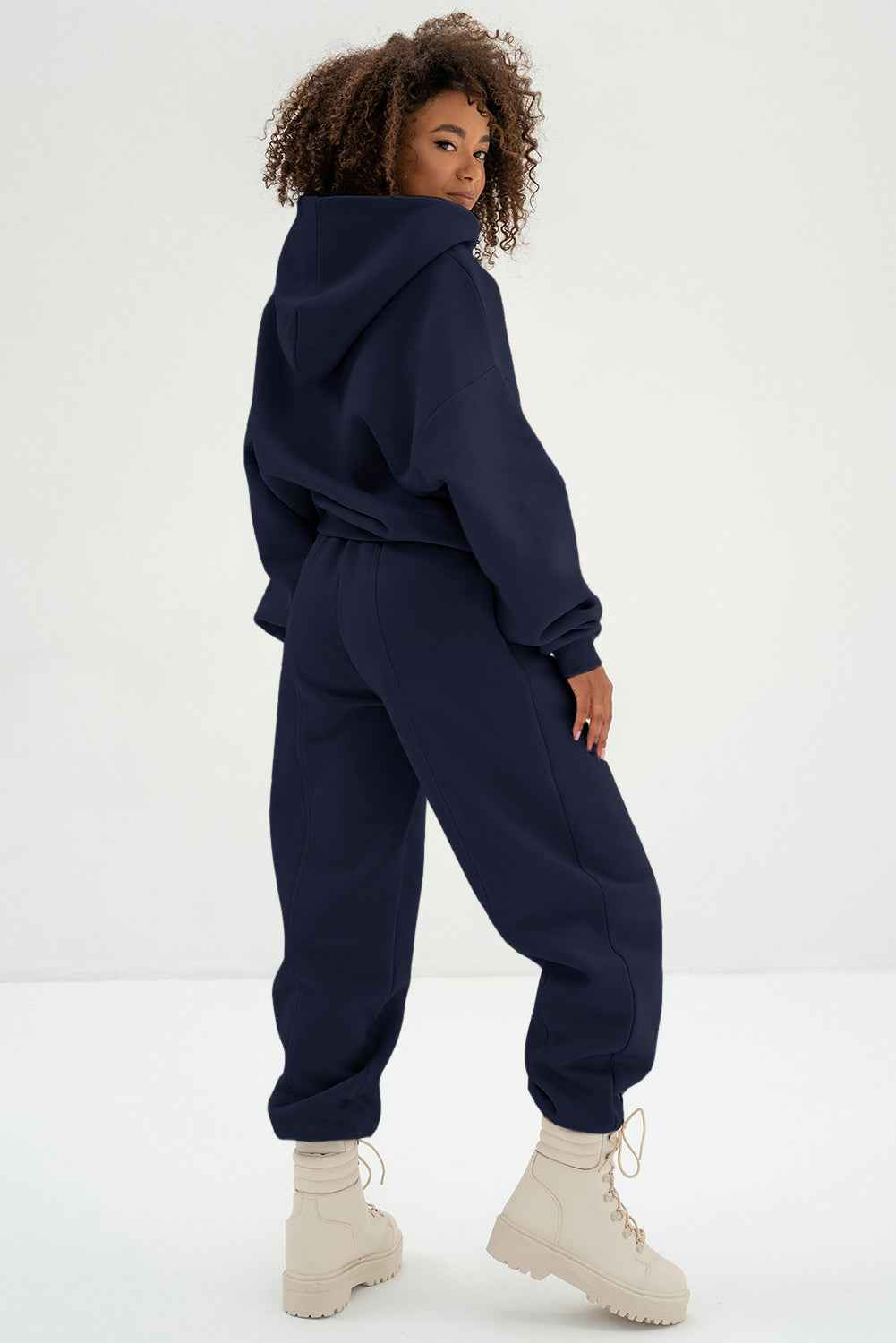 Navy Blue Solid Exposed Seams Hoodie and Joggers Activewear Set 703467eff924b7a8