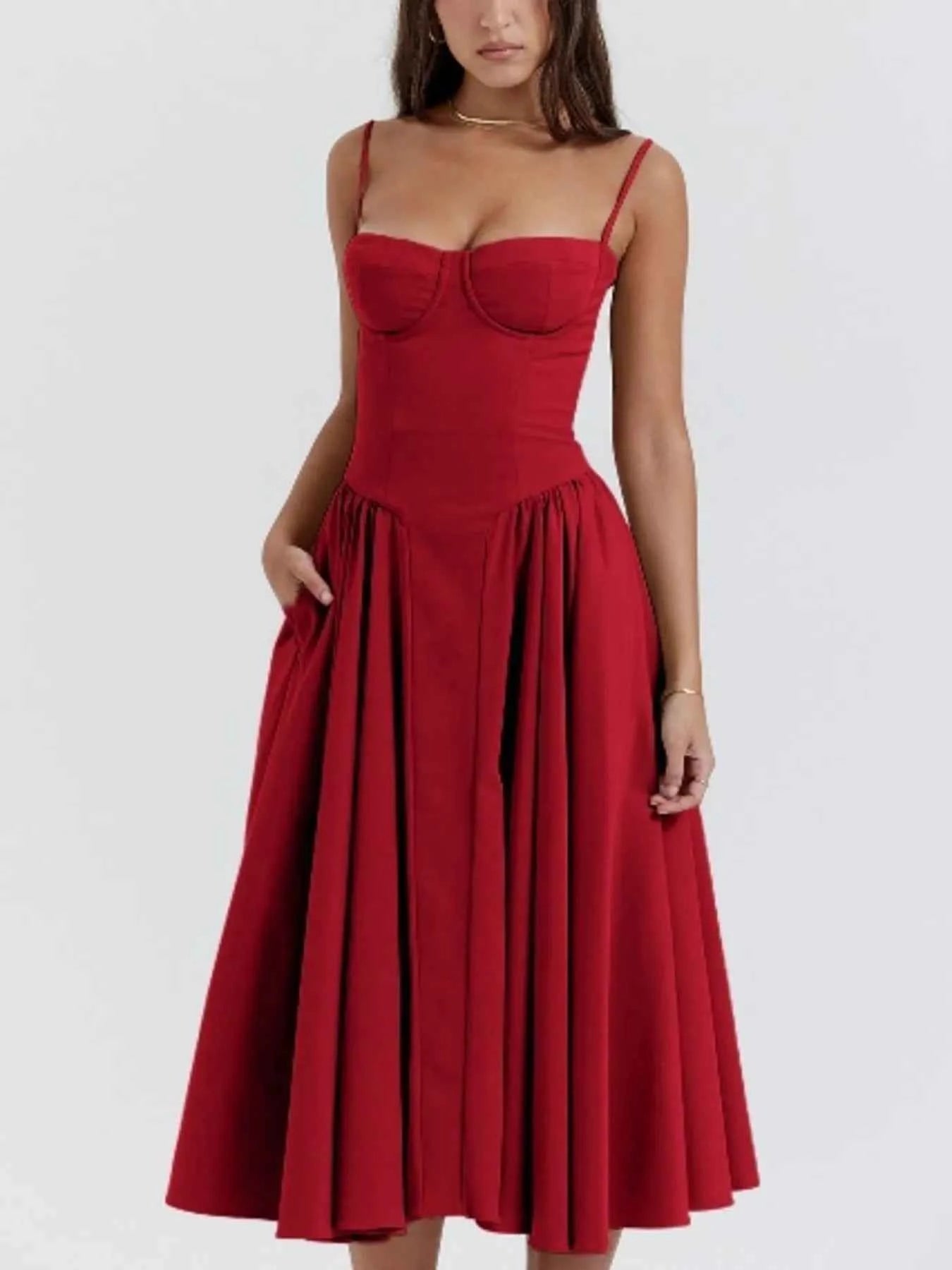 Sweetheart Neck Ruched Midi Dress Red 70362b11399a49d09348b645522f5759-Max-Origin