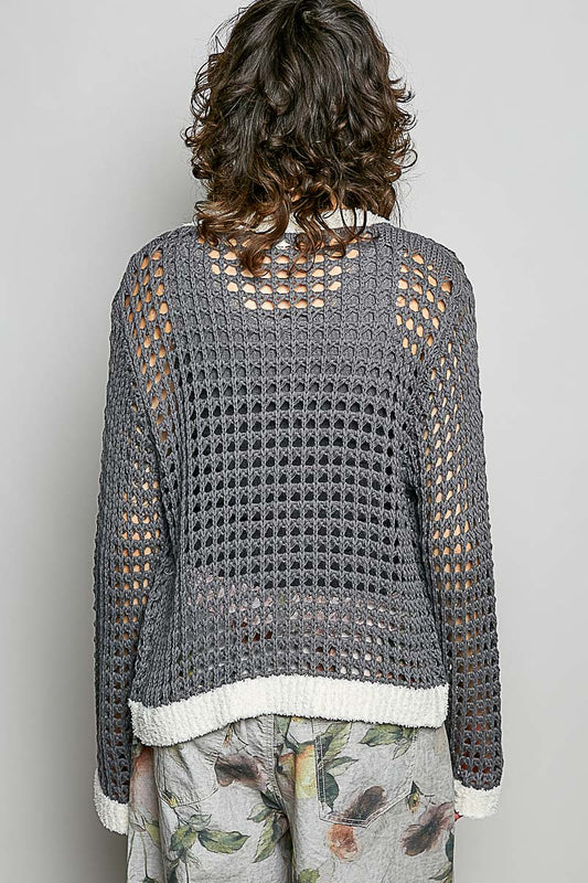 Openwork Contrast Cardigan with Floral Metal Button 7038635a-70eb-4f13-9427-4f958f6abe4d-Max