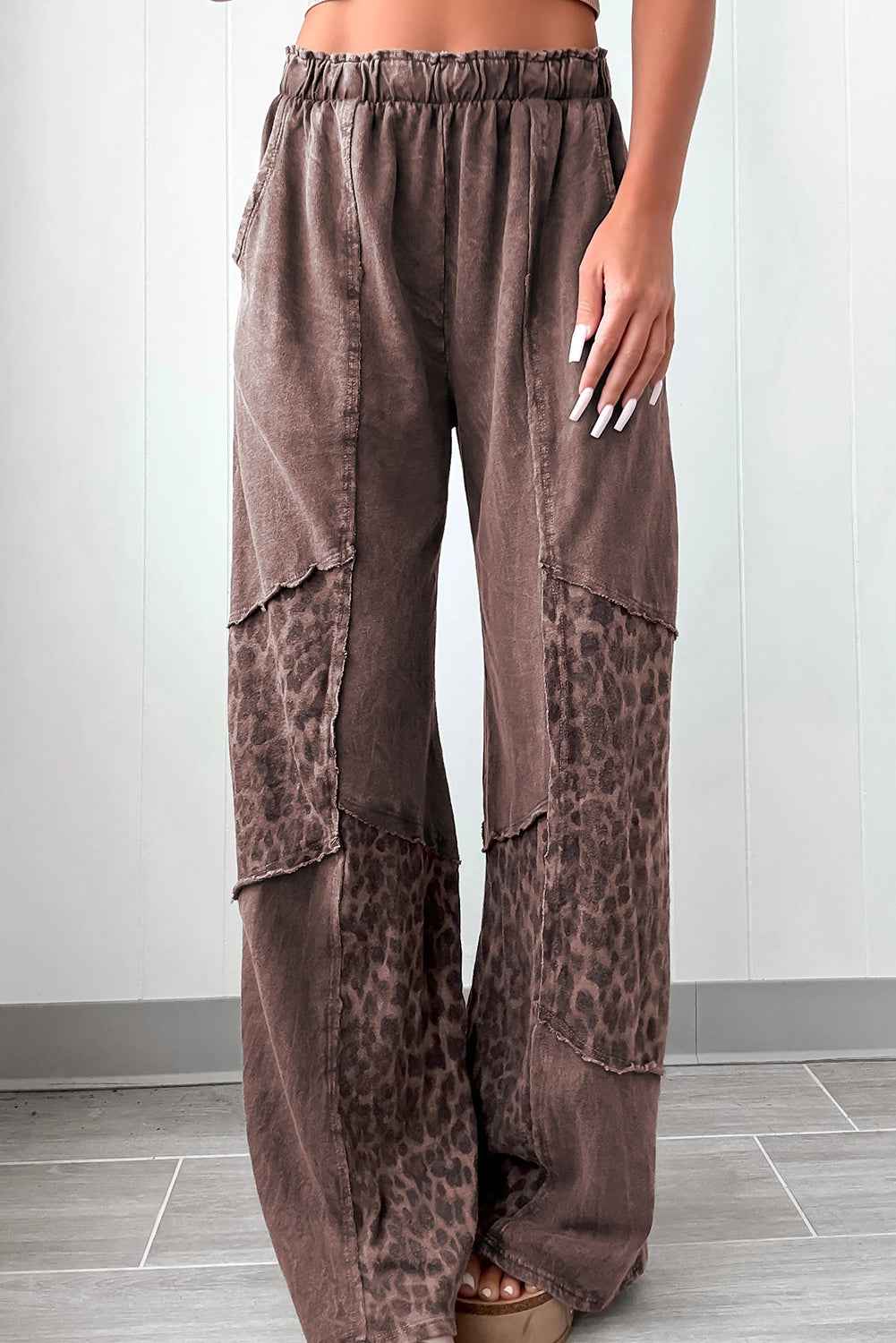 Coffee Mineral Wash Leopard Patchwork Loose Pants Coffee 80%Cotton+20%Polyester 703b4e48c67dd071