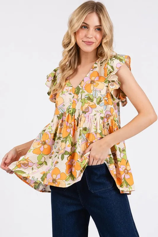 Floral V-Neck Ruffled Cap Sleeve Blouse 703e0473-af88-4f81-9ae2-dc9fb39a24f2-Max