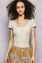 POL Round Neck Short Sleeve Crop T-Shirt with Lace Trim CREAM 703e7e5a-e0f9-42a0-a735-e43f5f50ef0a-Max-Origin
