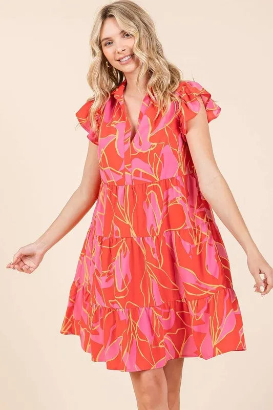 Mittoshop Leaf Print Ruffle Sleeve Tiered Mini Dress 703f1857-3002-491e-8184-e6ee6931c42a-Max