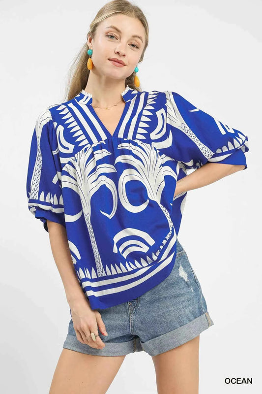 Umgee Folk Art Palm Print Puff Sleeve Blouse OCEAN 703f935d-2bf3-49af-8d79-64a52c26801d-Max-Origin