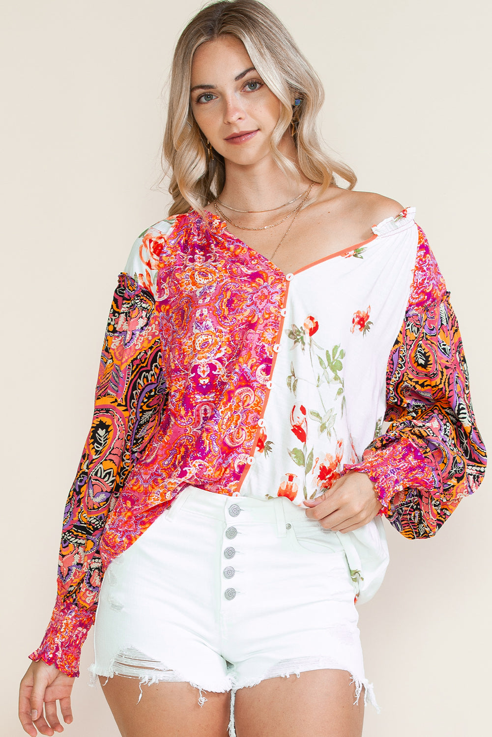 Multicolor Floral Patchwork Shirred Cuff Buttoned V Neck Blouse 704149d0b60af44f