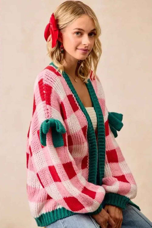 Pink Colorblock Checkered Open Front Knit Cardigan 70432526b5bb849f