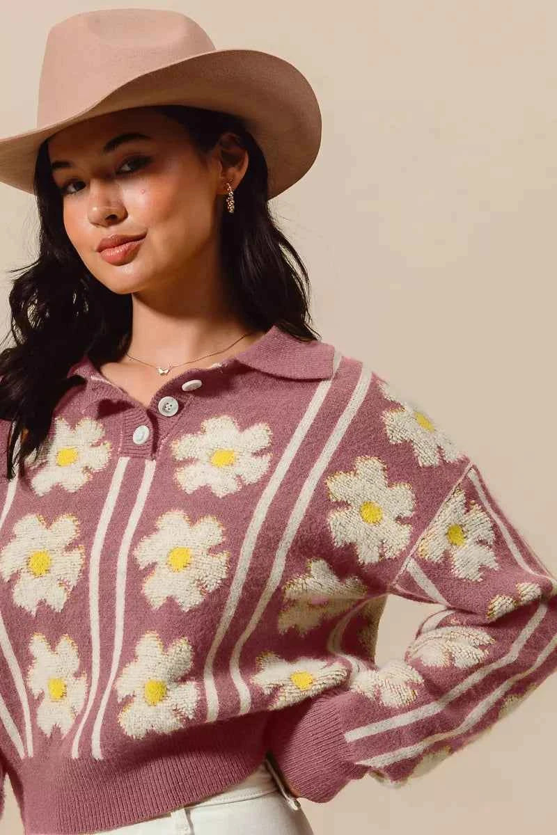 SO ME Floral Stripe Polo Collar Sweater 704835edf6ad4504b87ff59e7fe407e2-Max-Origin