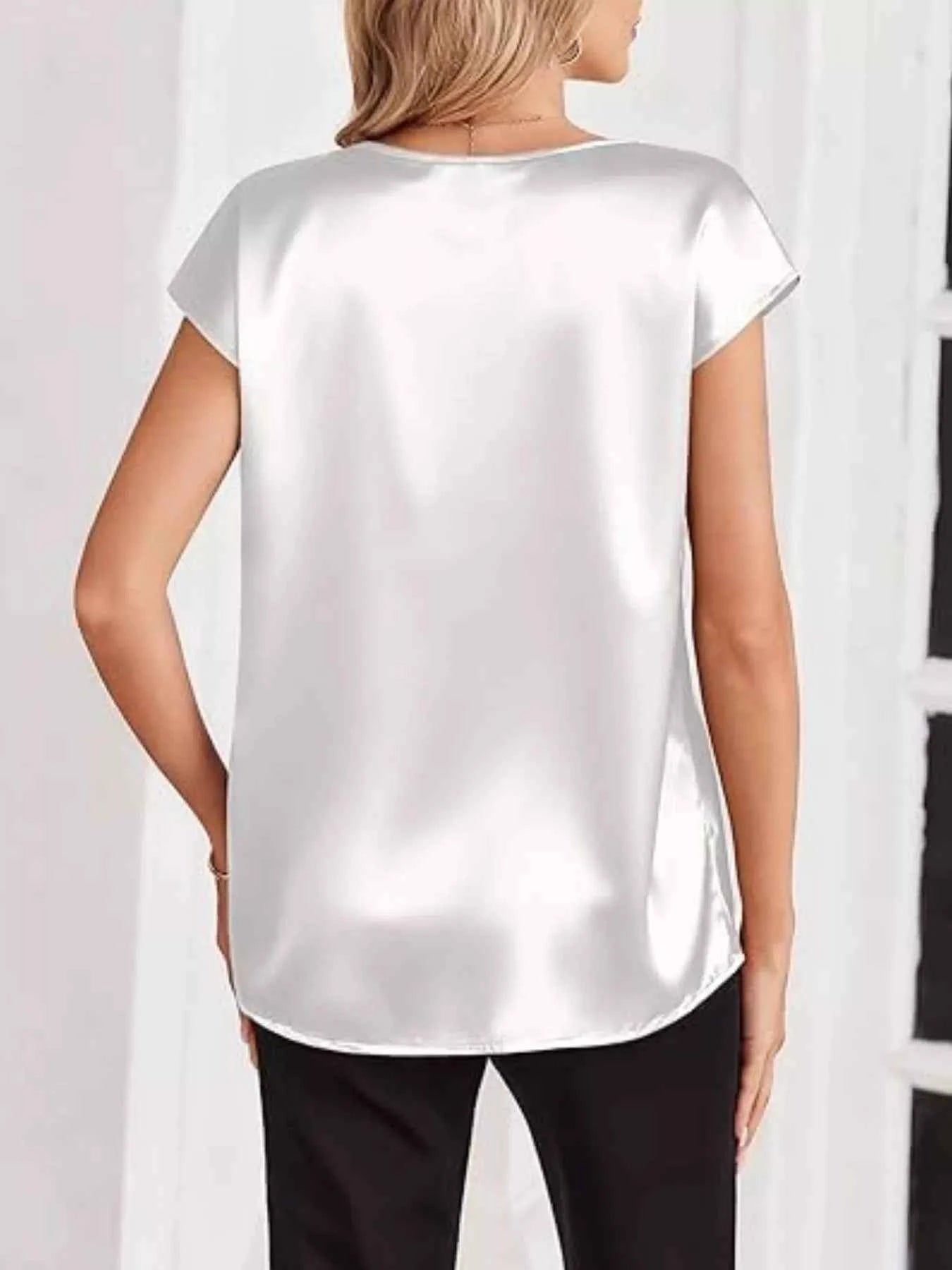 Satin V-Neck Short Sleeve Blouse 70487db8-5fe1-4b5a-83f0-2351c3980c58-Max-Origin