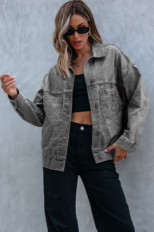Blue Stripe Washed Oversize Pocketed Denim Jacket 705505301e79227c