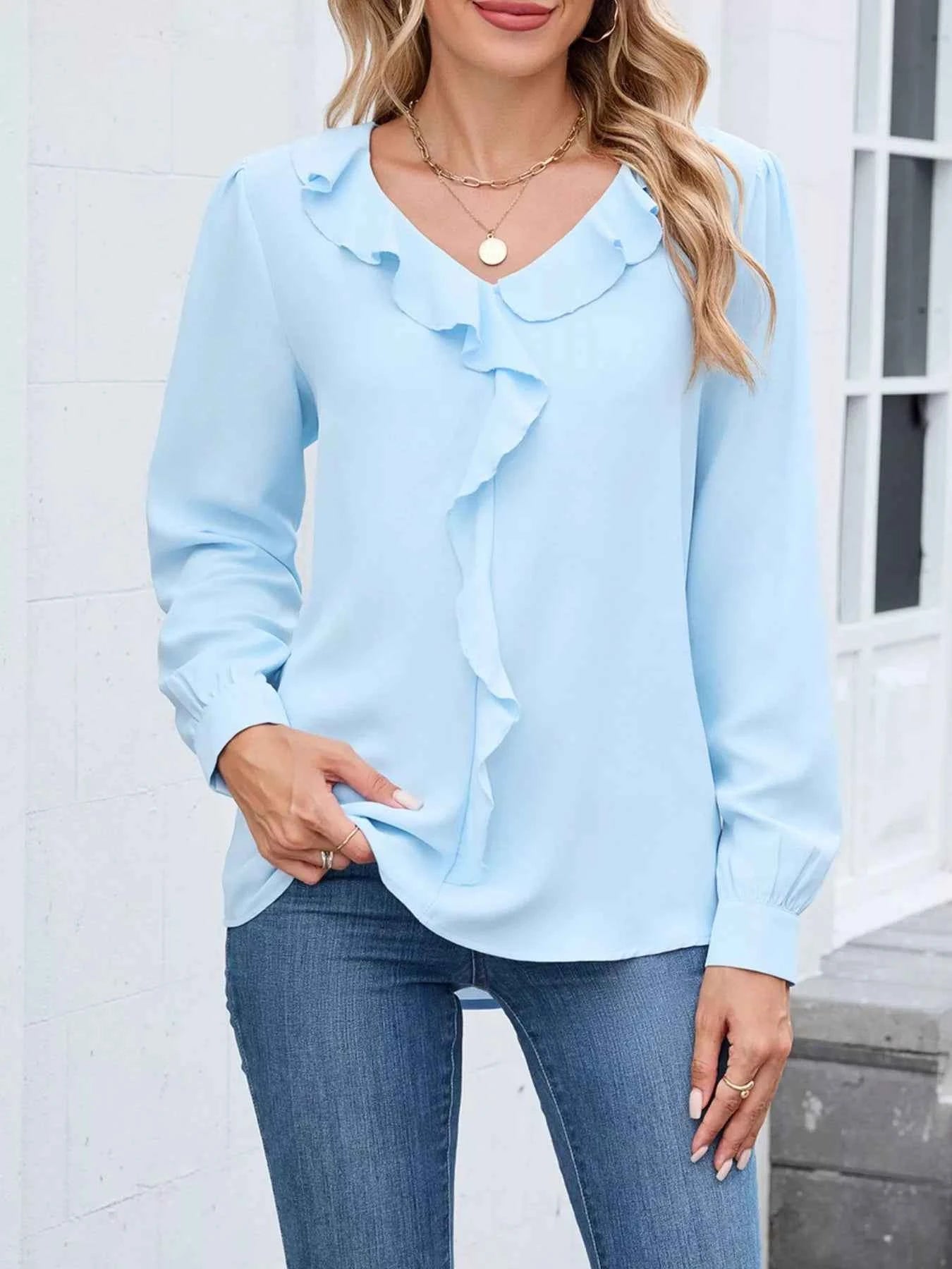 Ruffled V-Neck Long Sleeve Blouse 7055eb0d-e4de-4bf7-a2ce-30af5247fe98-Max-Origin