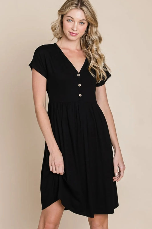 V-Neck Short Sleeve Dress with Button Detail 705a4d4c-9241-45c8-a76c-7955db03570a-Max
