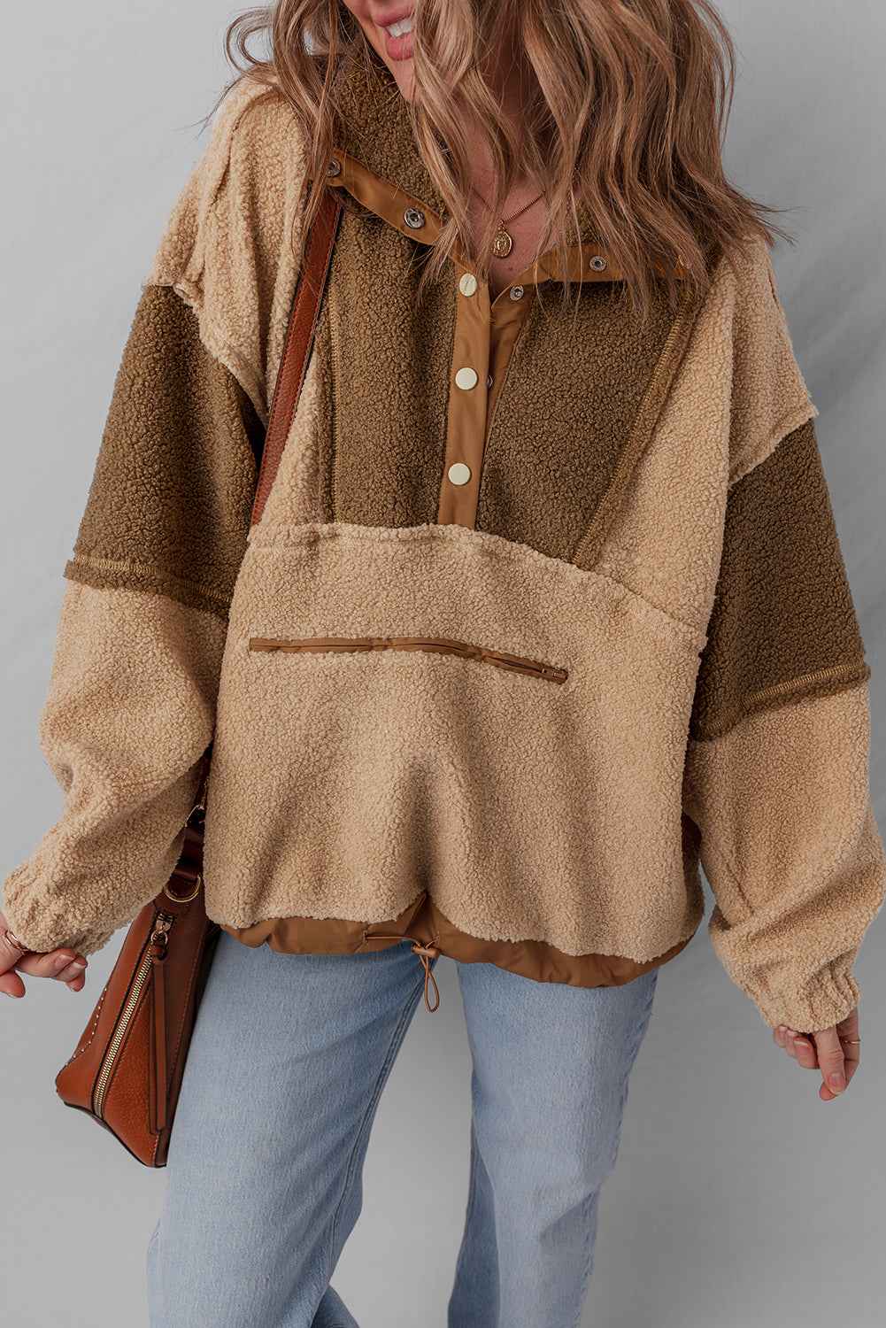 Straw Yellow 2-tone Color Block Patchwork Half Button Sherpa Sweatshirt 705d4a1094859ed7