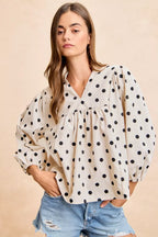 BiBi Polka Dot Corduroy Quarter Sleeves V Neck Blouse 70641d3fc1d3487d802a155b275536ff-Max-Origin