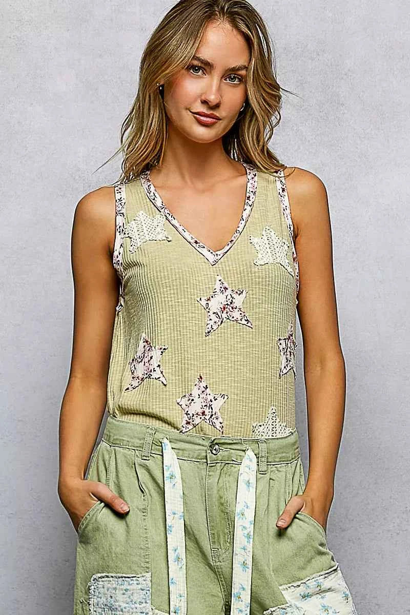 POL Floral Print Star Patch V-Neck Ribbed Tank 706a4fd9-5269-43b7-a091-f1cc465e1664-Max-Origin