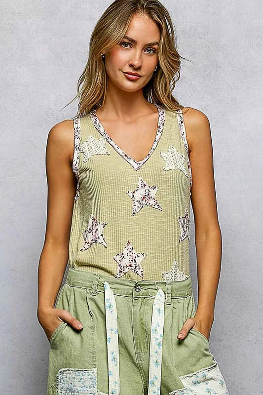 POL Floral Print Star Patch V-Neck Ribbed Tank 706a4fd9-5269-43b7-a091-f1cc465e1664-Max-Origin