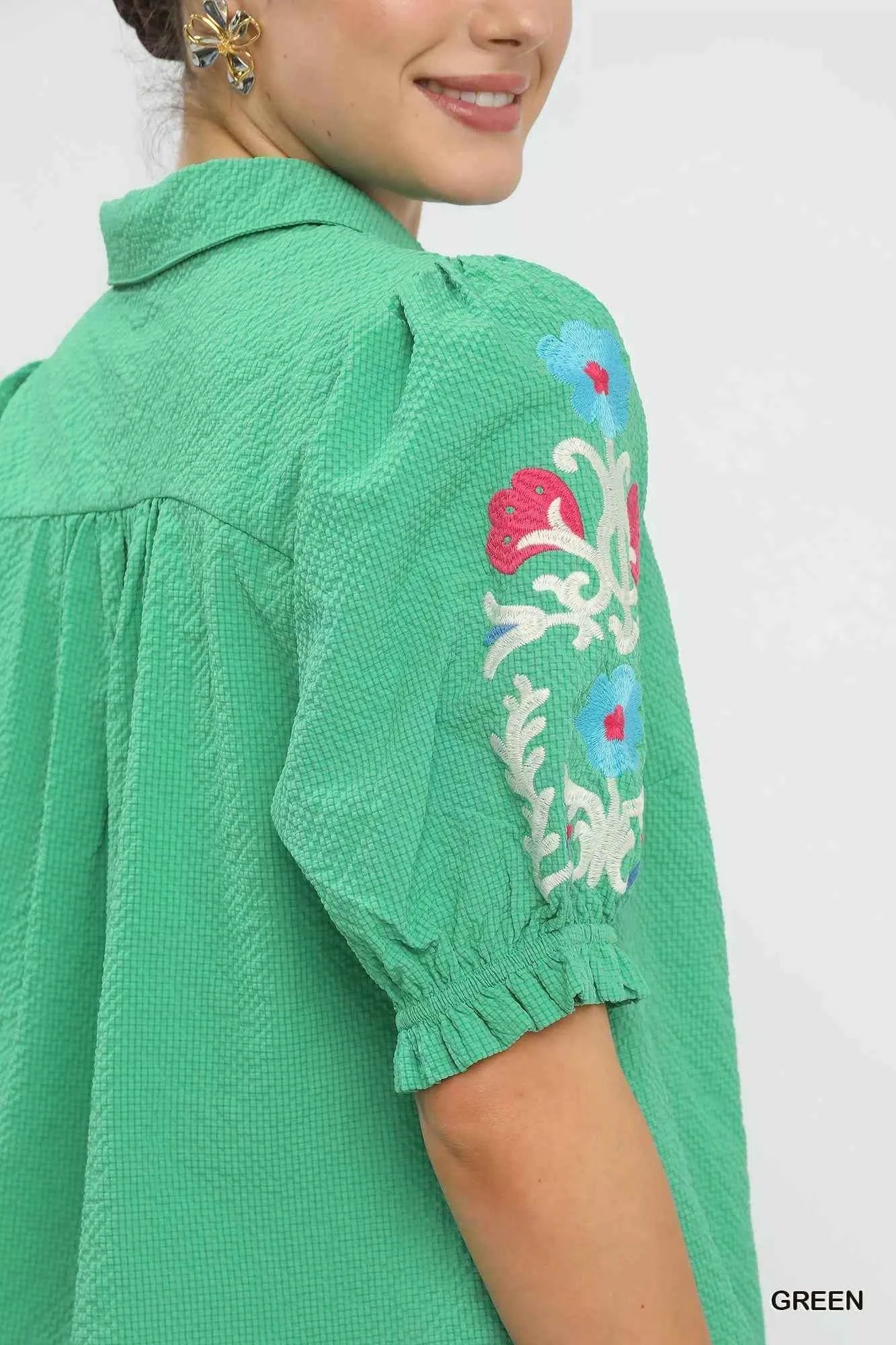 Umgee Seersucker Embroidered Sleeve Blouse 706e45ee-4e9c-4f45-83de-a9caa0a04b54-Max-Origin