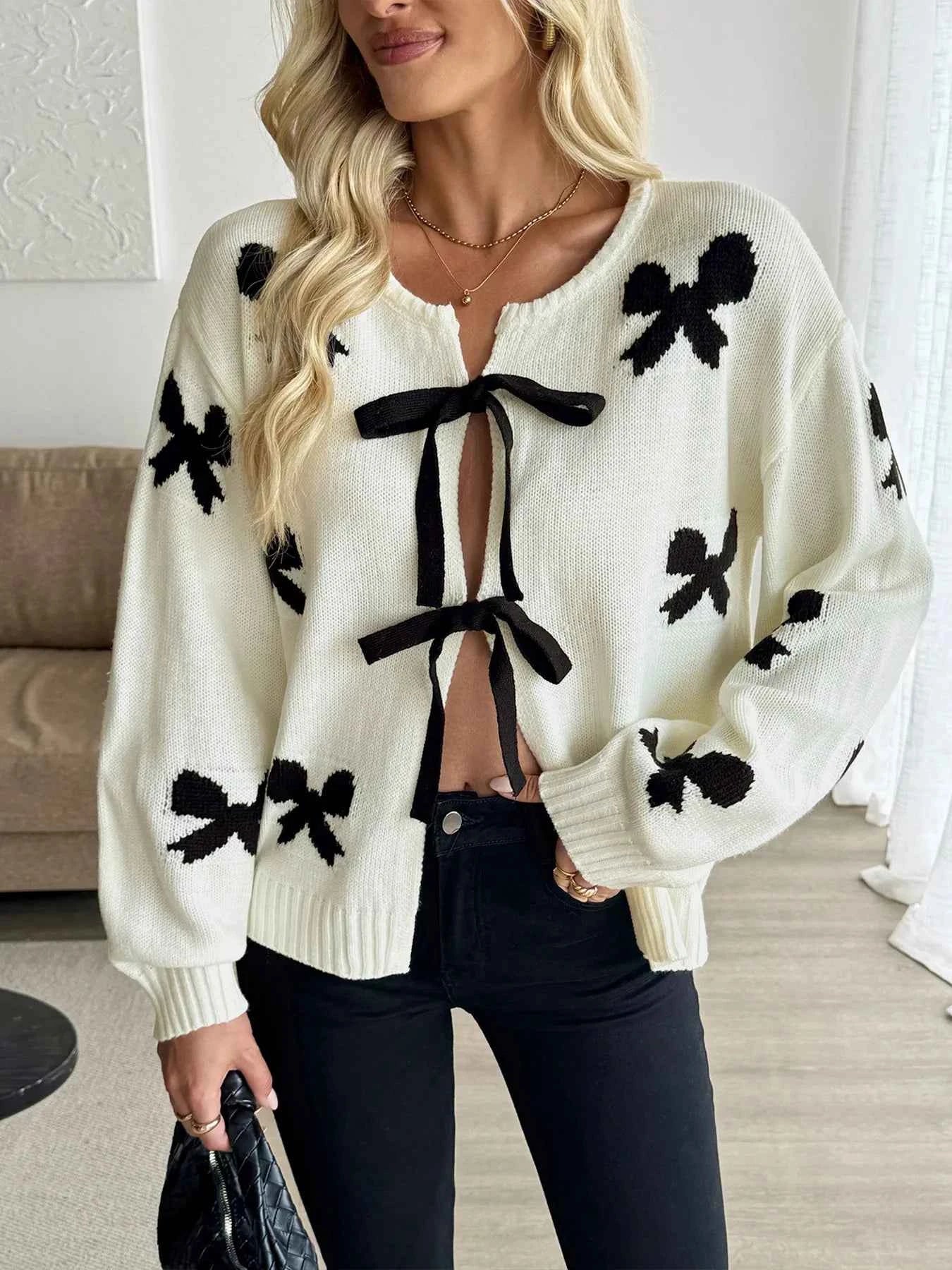 Bow Print Tie-Front Cardigan 707078baf603464c89d8cc64f9958928-Max-Origin