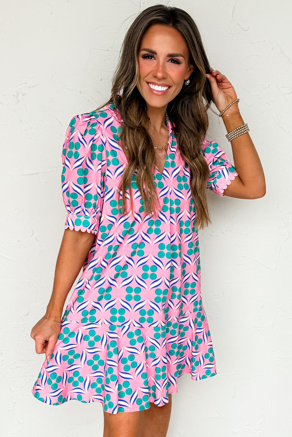 Pink Geometric Print V-Neck Ricrac Trim Mini Dress 7070c6f56542c50b