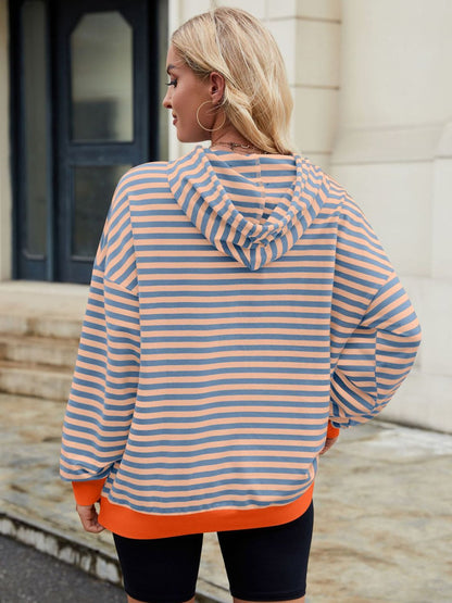 Drawstring Contrast Striped Long Sleeve Hoodie