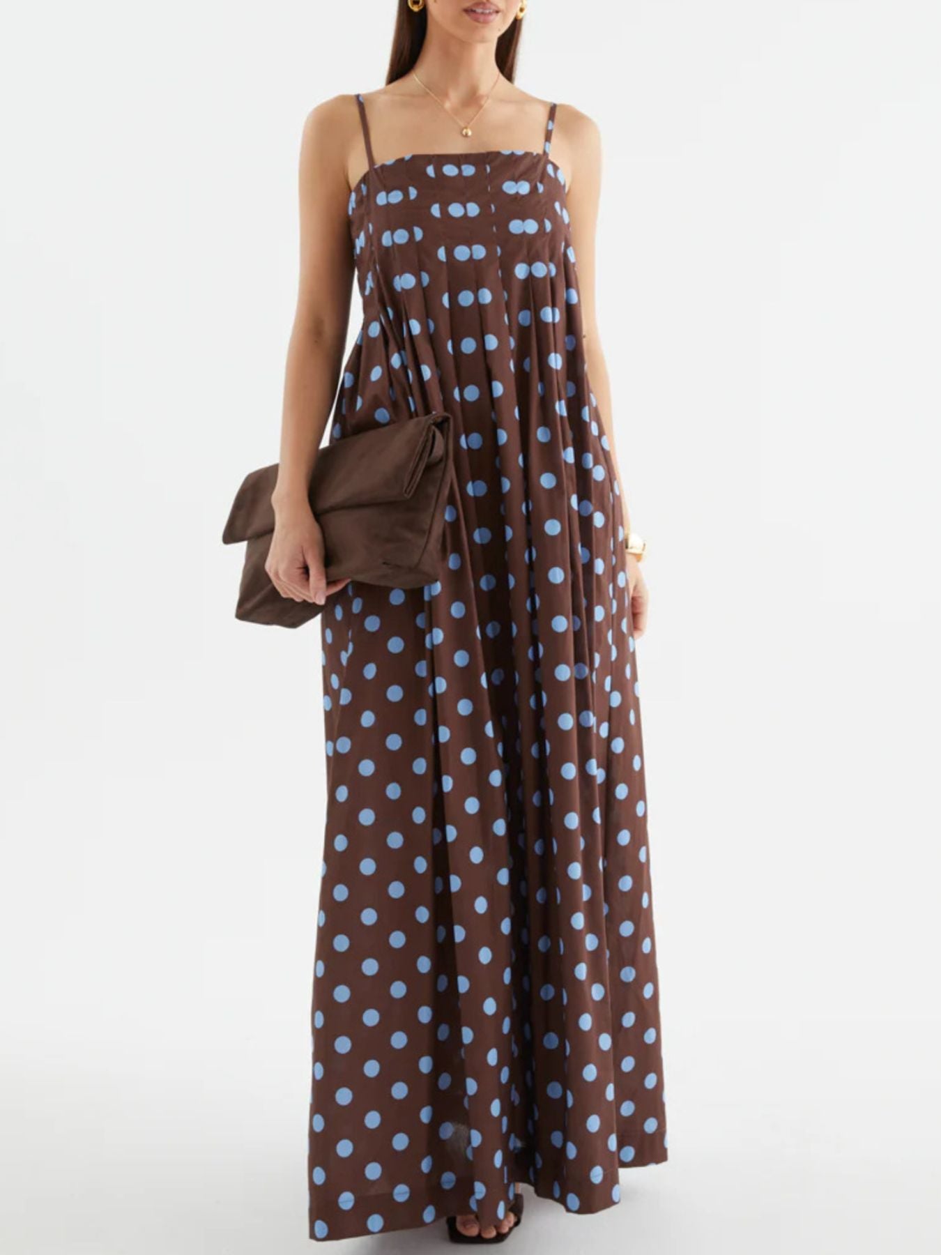 Polka Dot Pleated Detail Maxi Dress Brown 7076ae7f-ec64-4324-abc6-87a0c3cc2aa1-Max