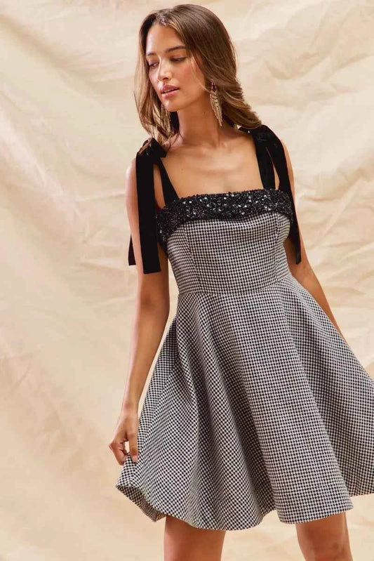 Houndstooth Fit Flare Mini Dress with Shoulder Tie 707c6b9c3ceb4963b5b6c17daab02f78-Max-Origin
