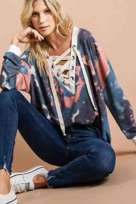 BiBi Tie Dye Deep V-Neck Top with Lace Up Front 707f6ae9-8ad4-47d9-ba2a-87821a4788a6-Max-Origin