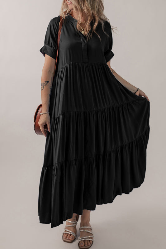 Black Hidden Buttons Short Sleeve Ruffle Tiered Long Flared Dress Black 100%Viscose 7082f3a7fd088b85