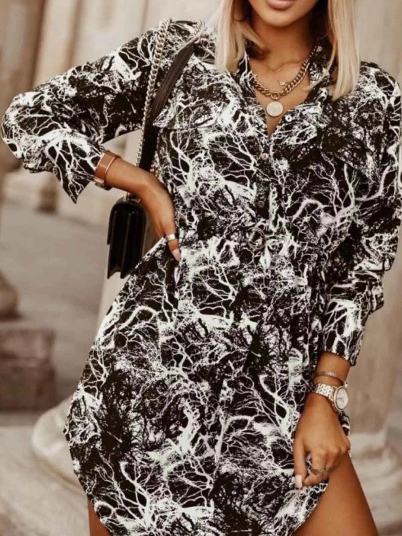 Printed Button Front Long Sleeve Dress Black And White Tie Dye 70846ca8-e52f-475d-8f93-892bf26b3171-Max-Origin