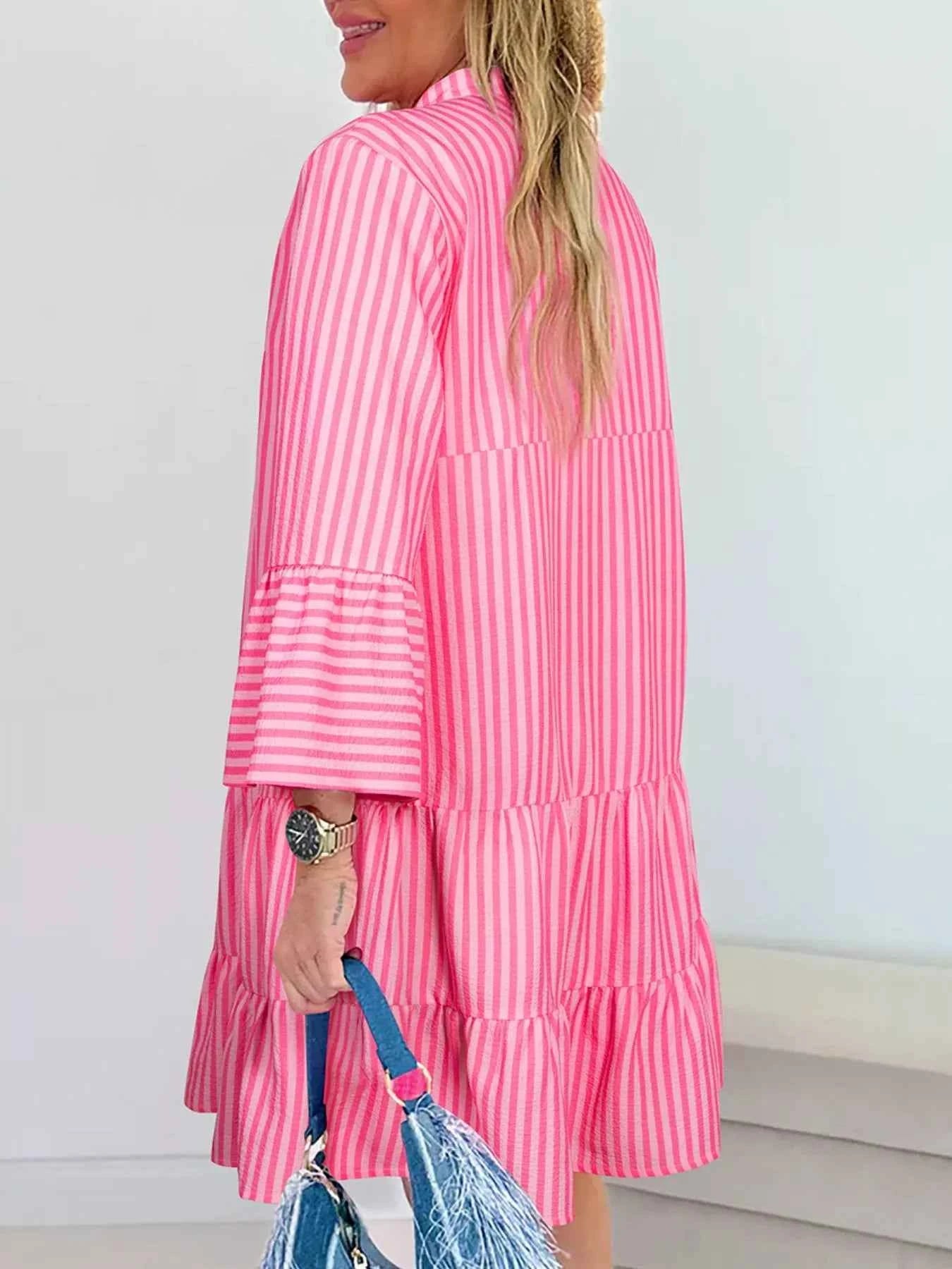Stripe Flare Sleeve Half Placket Tiered Flowy Mini Dress 70876859-21f3-40c7-b173-e27de11600c5-Max-Origin