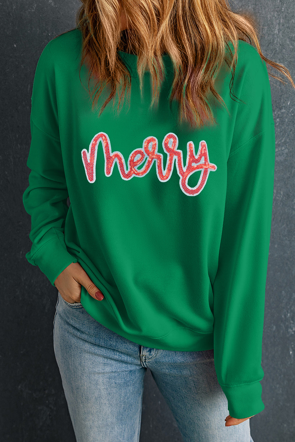 Dark Green Sequin merry Letter Patch Application Drop Shoulder Baggy Sweatshirt 7089a70402d9344c