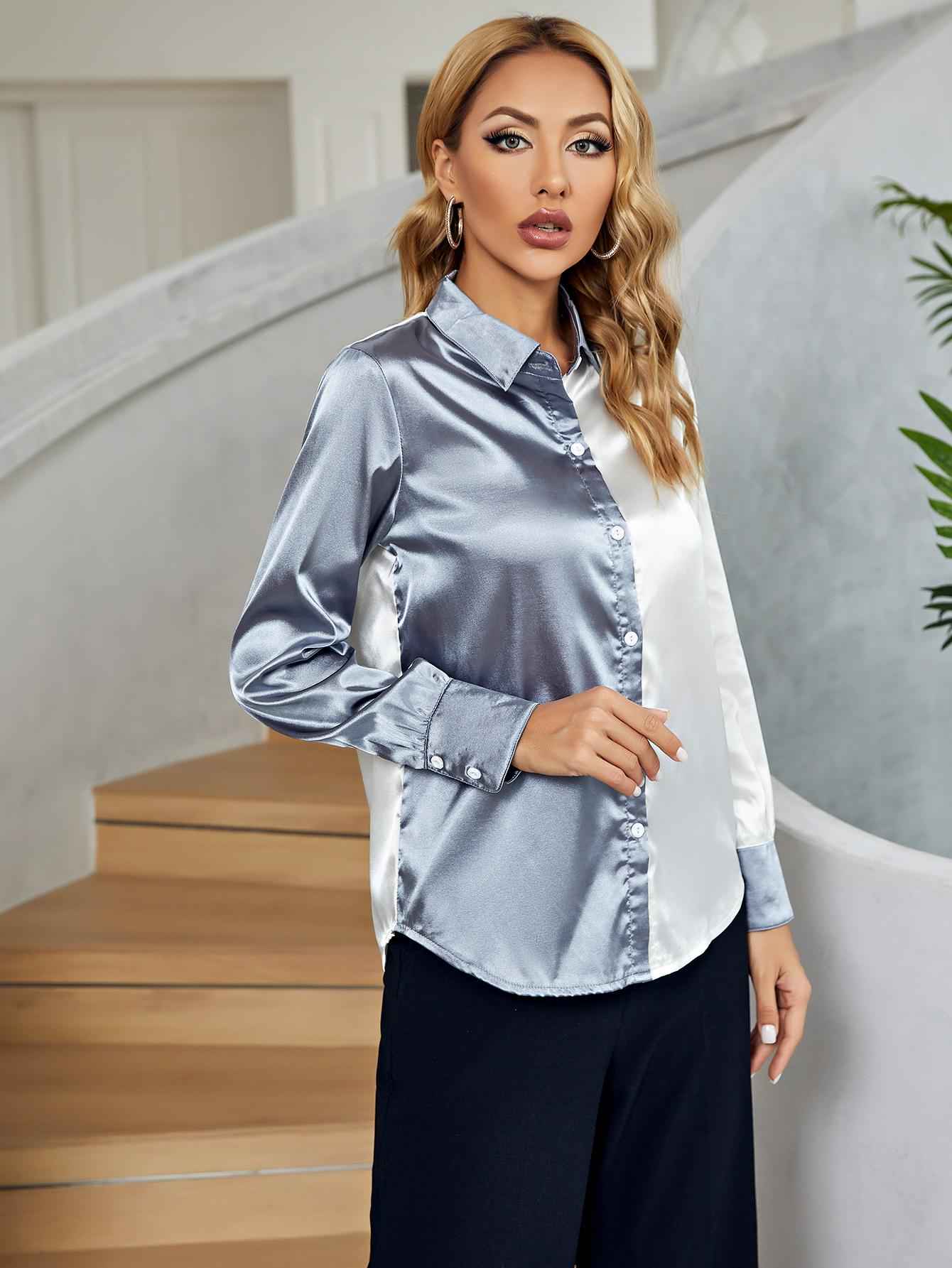 Two-Tone Long Sleeve Collared Shirt 708ca4491a704f16b469676166db3fca-Max