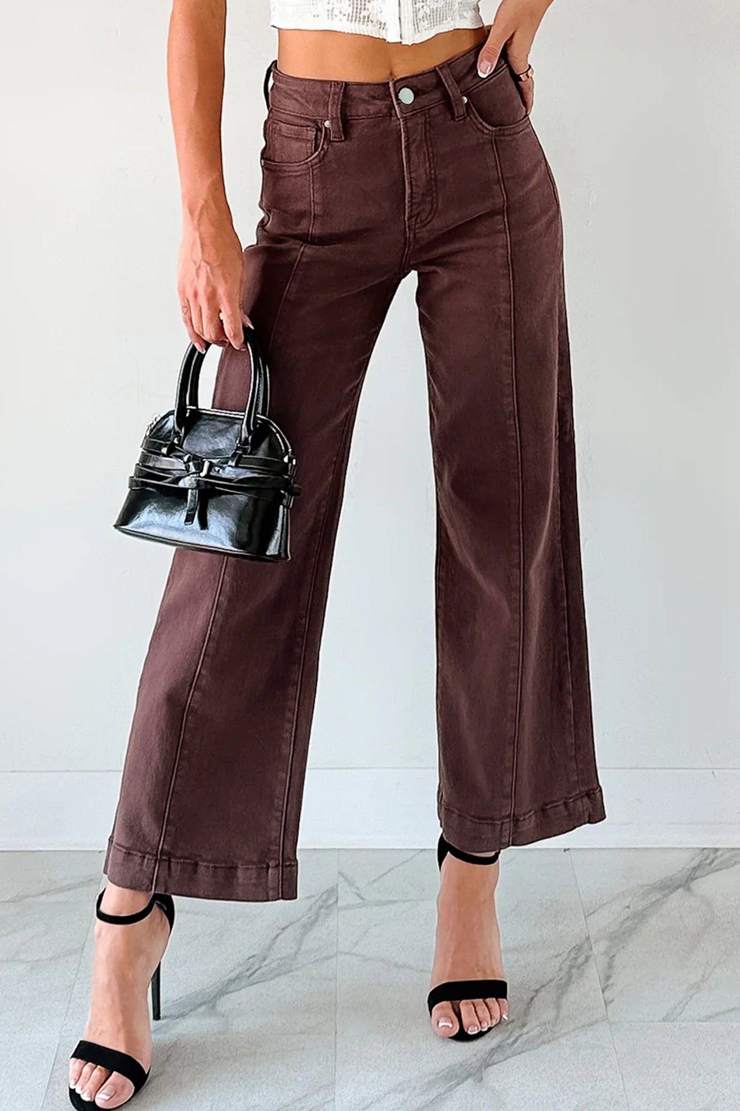 Apricot Solid Color Seamed Center Wide Leg Cropped Jeans 708e5bfcfb9cbc30