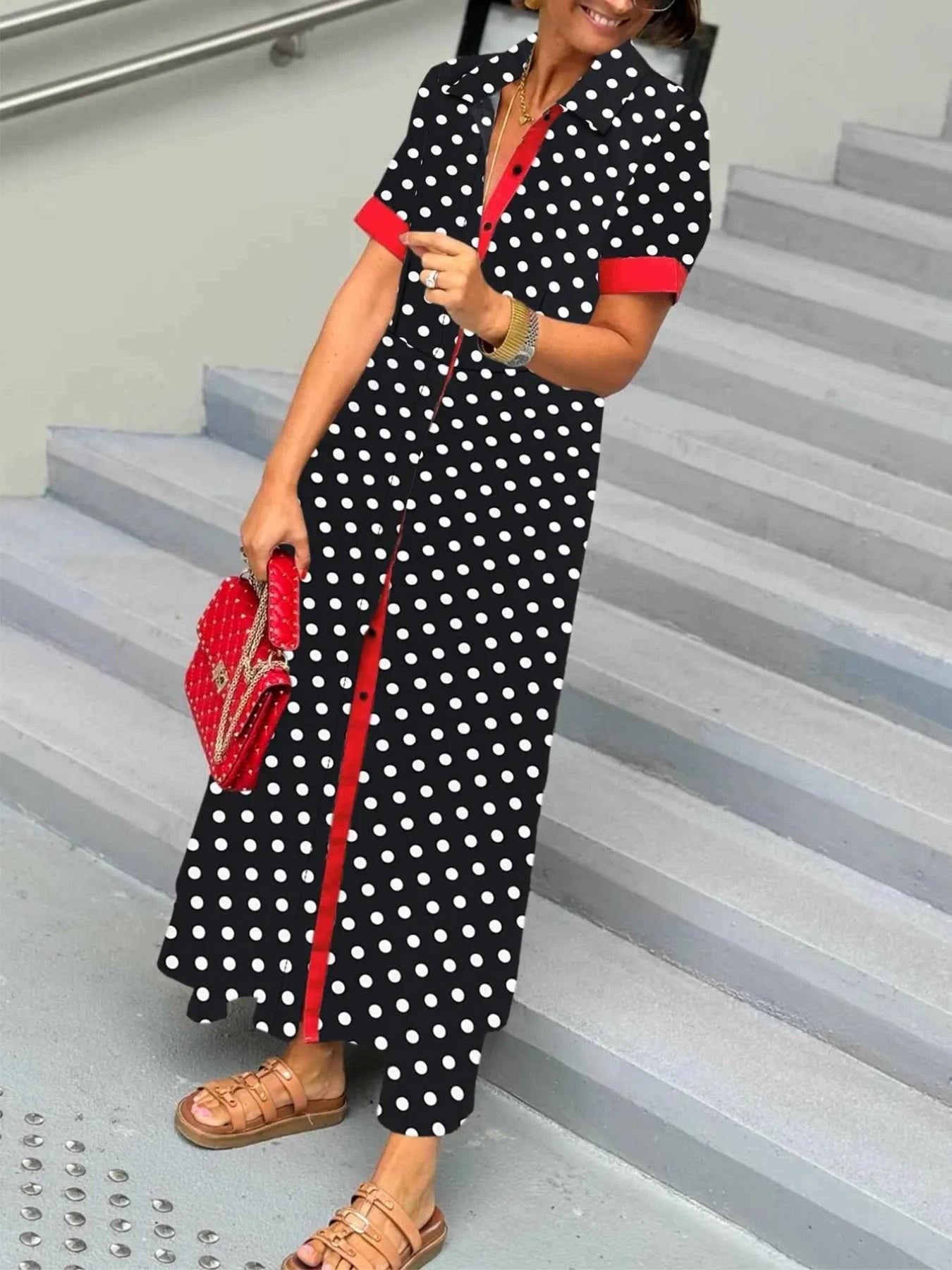 Polka Dot Short Sleeve Maxi Shirt Dress 7096a87d-1877-400c-8004-20ba05dec8c1-Max-Origin