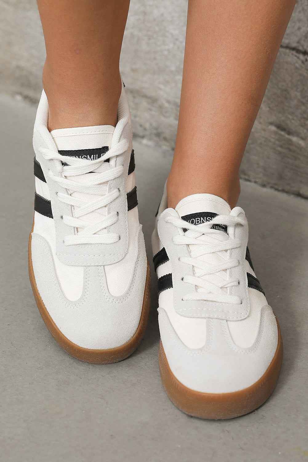 White Striped Lace Up Flat Sneakers 70975470a7284512