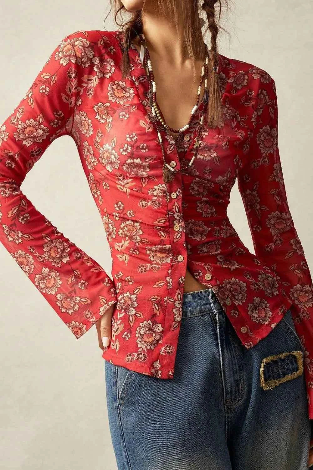 Floral Button-Front Shirt with Bell Sleeves Strawberry 709778ce-28ed-407c-b038-15500d6088f9-Max-Origin