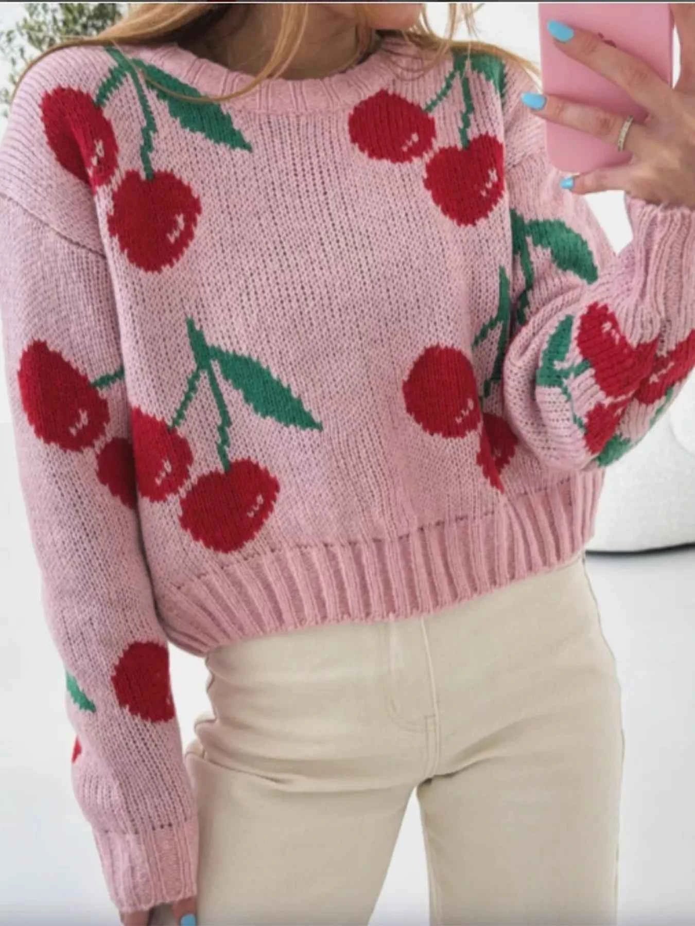 Cherry Pattern Long Sleeve Sweater Dusty Pink 70992619-0964-4a01-a174-3a07d3847975-Max-Origin