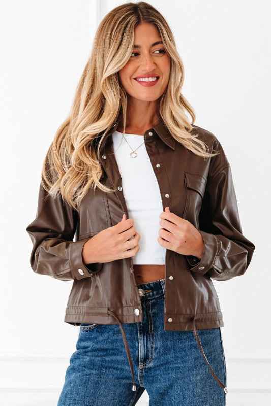 Leather Drawstring Hem Pocketed Jacket Chicory Coffee 709ba080-a603-4c36-b503-7be4453f6c6e