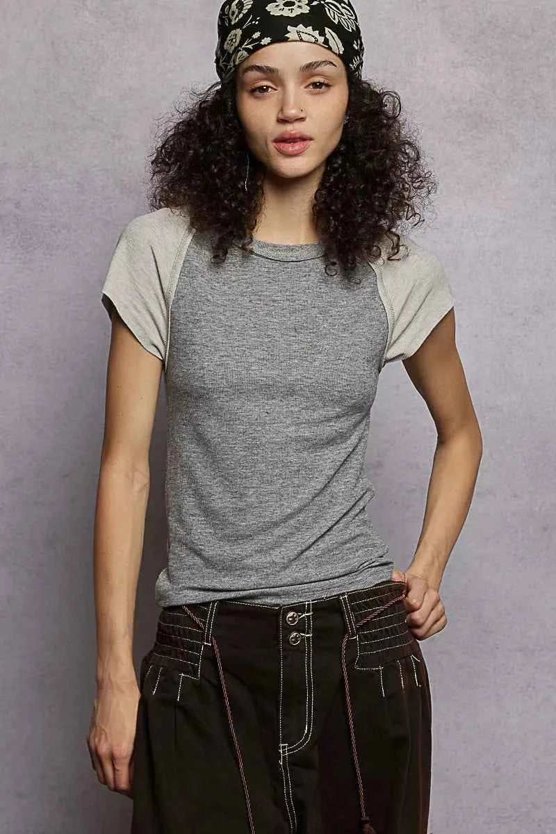 POL Round Neck Outseam Detail T-Shirt with Contrast Color Sleeves 709e267c-3459-4256-b5b5-b78387539bbc-Max-Origin