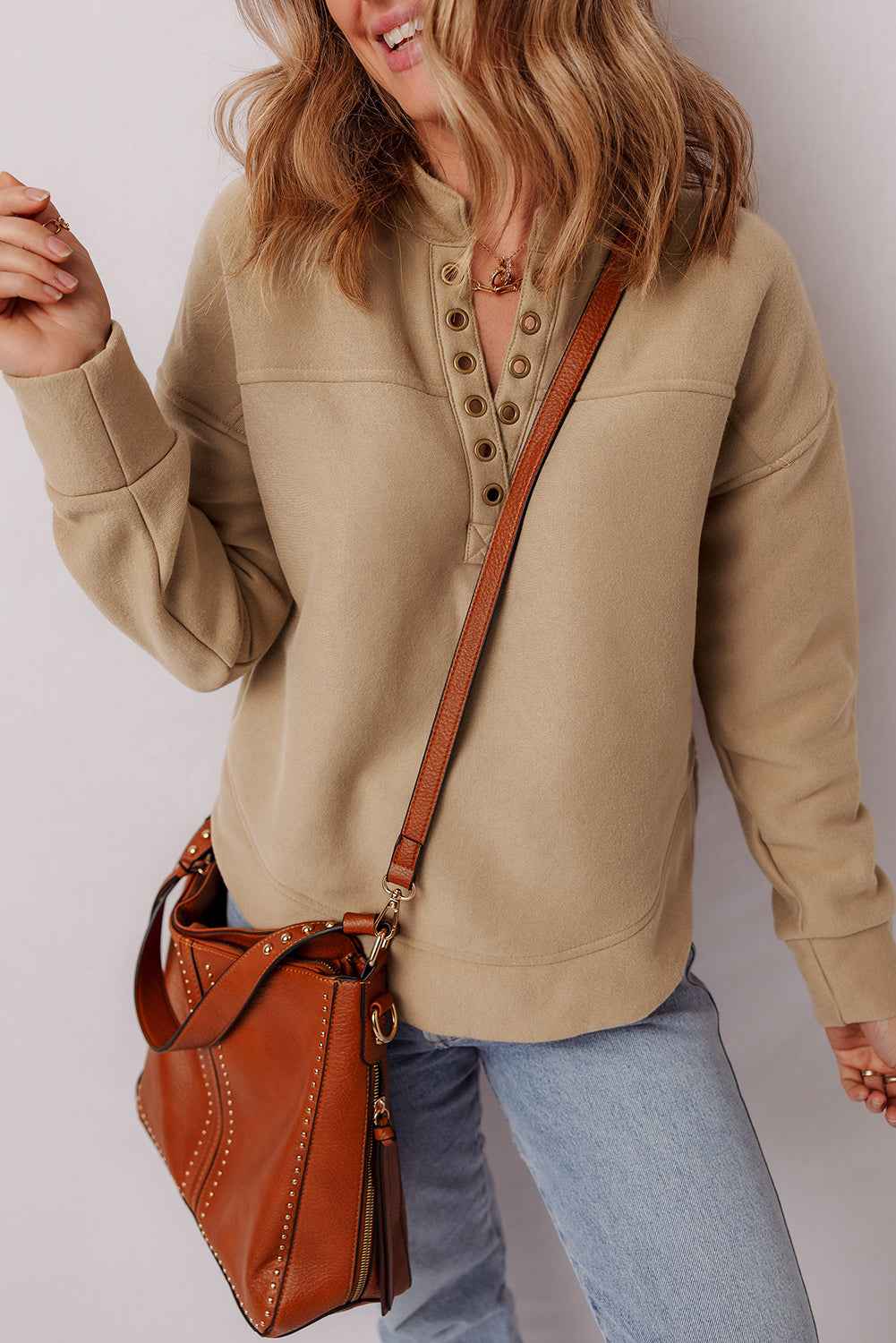 Light French Beige Grommet Detail V Neck Sweatshirt 709fa644c3099a6c