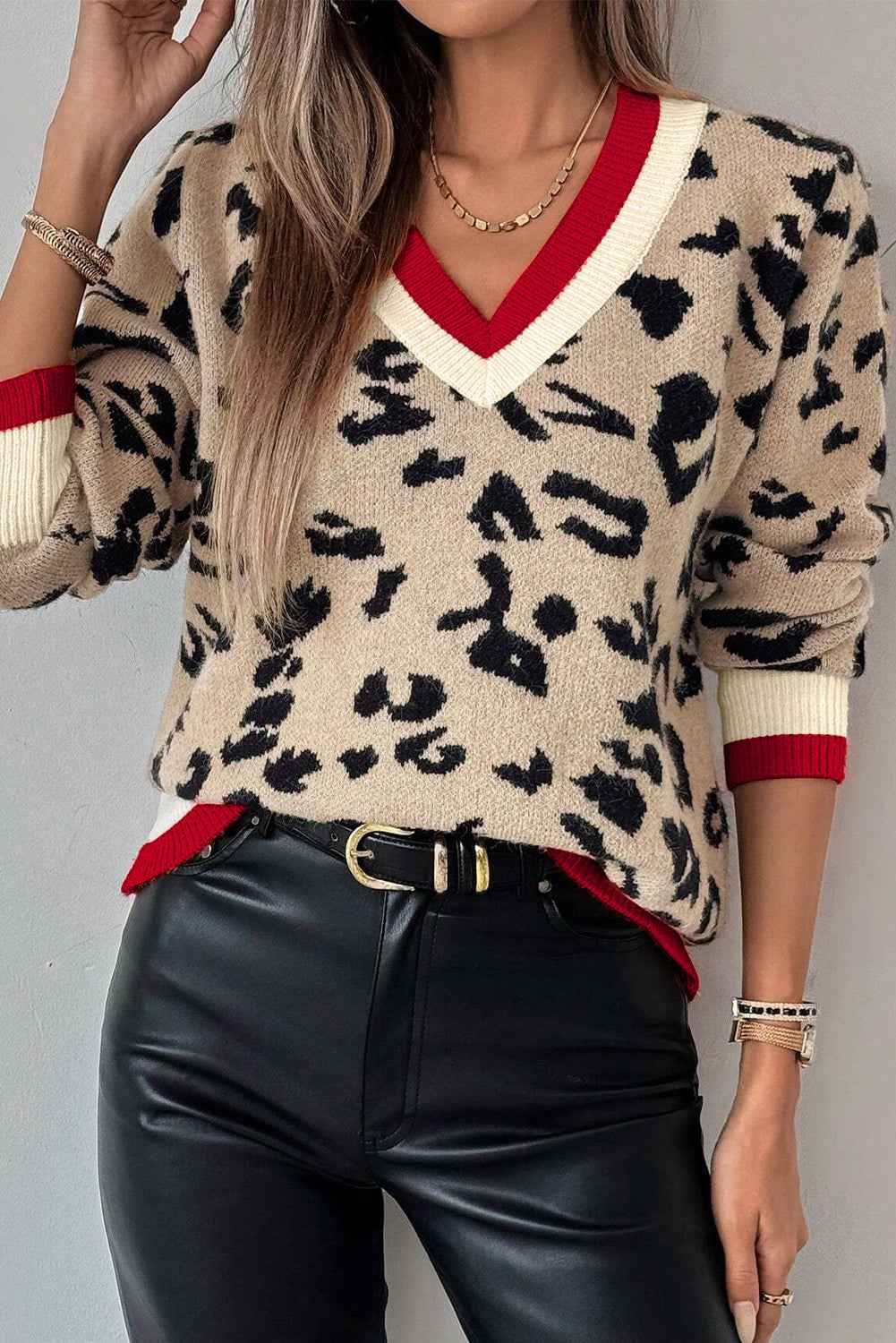 Khaki Leopard Pattern V-Neck Contrast Rib Knitted Sweater Khaki 52%Viscose+26%Polyester+22%Polyamide 70a609fa23c009ae