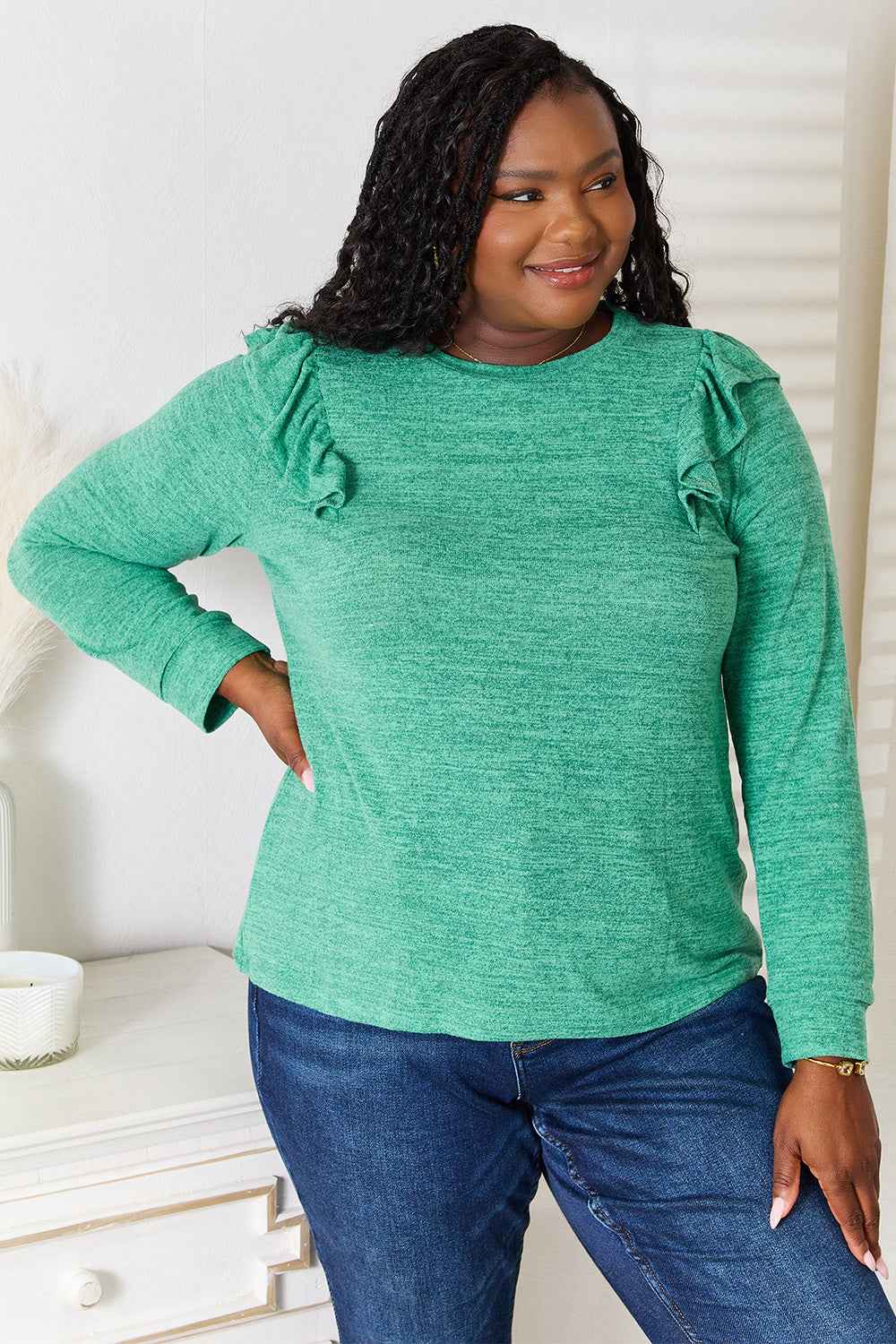 Double Take Ruffle Shoulder Long Sleeve T-Shirt 70aae810964c4114aa6f331786c961f6-Max